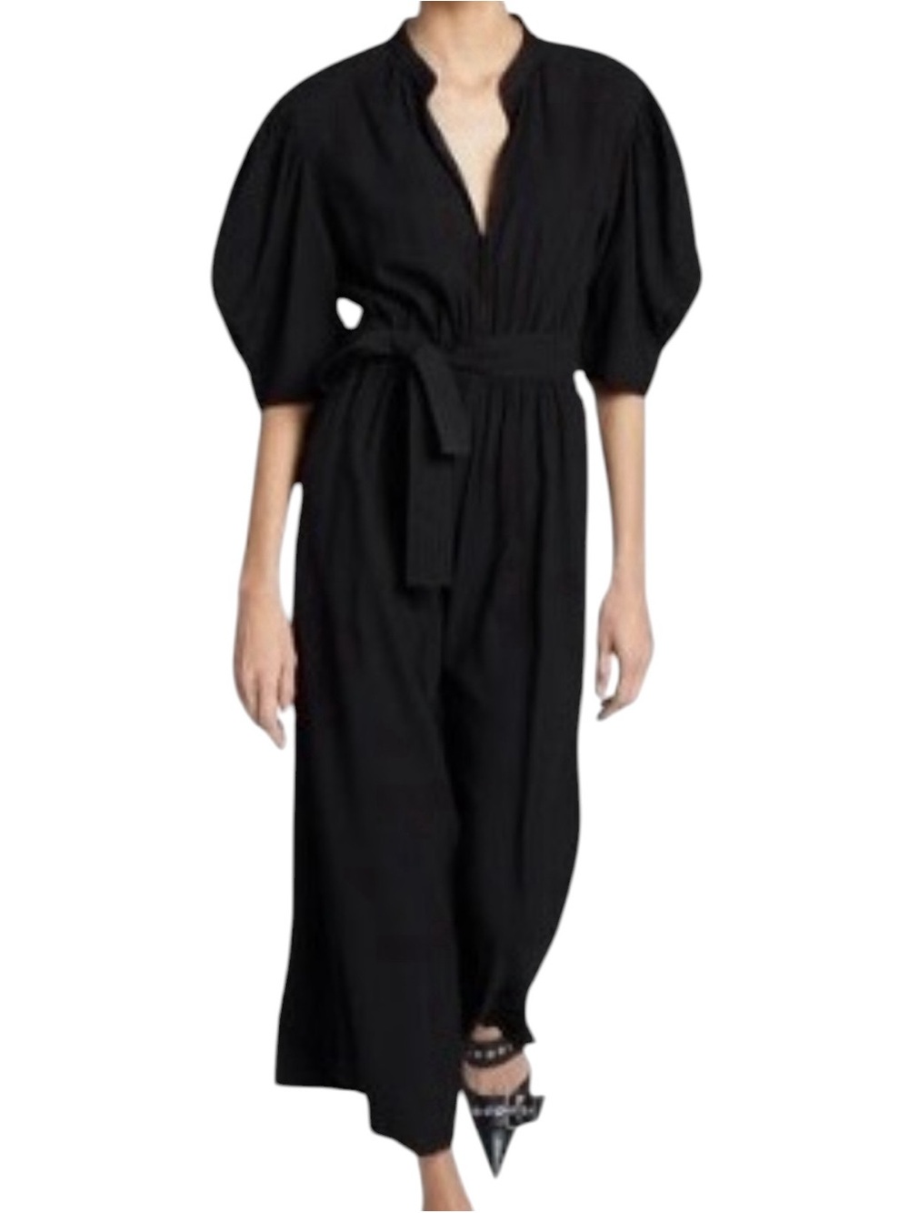 A.L.C. Shiva Crepe Puff Sleeve Hook Eye Split Neck Wide Leg Cropped Jumpsuit